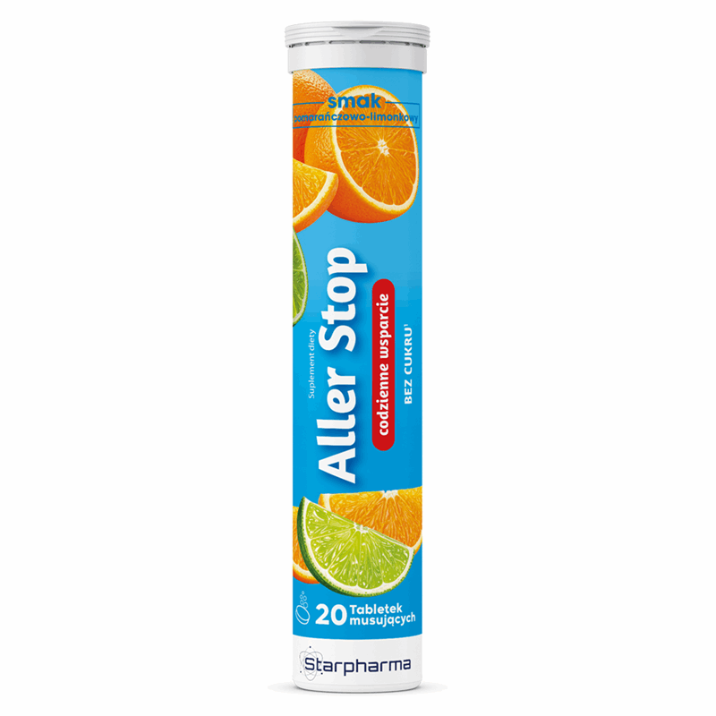 Aller Stop tabletki musujące o smaku pomarańczowo-limonkowym, 20 szt.