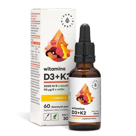 Aura Herbals Witamina D3 2000 IU + K2 + Omega-3 krople, 30 ml
