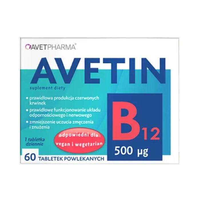 Avetin B12 500 mcg tabletki na niedobór witaminy B12, 60 szt.