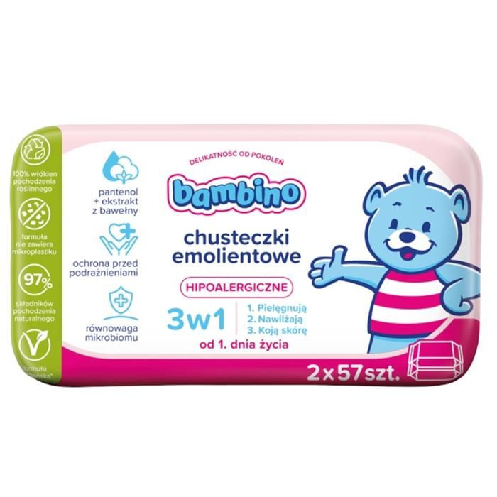 Bambino Chusteczki emolientowe 3w1 hipoalergiczne, 2 x 57 szt.