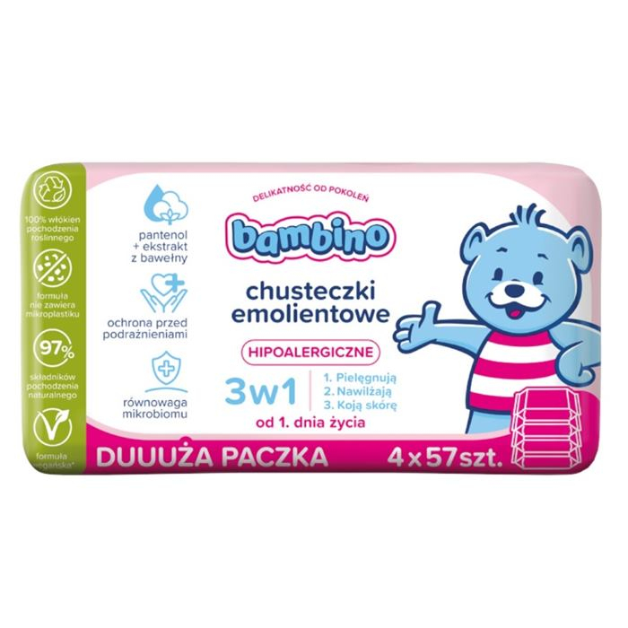 Bambino Chusteczki emolientowe 3w1 hipoalergiczne, 4 x 57 szt.