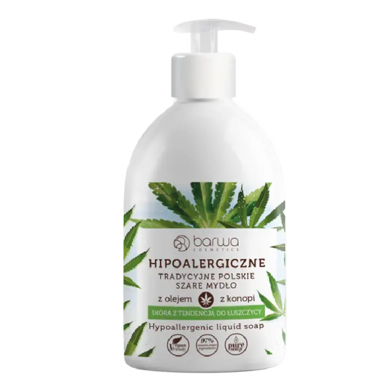 Barwa Hipoalergiczne Tradycyjne Polskie Szare mydło w płynie z olejem z konopi, 500 ml