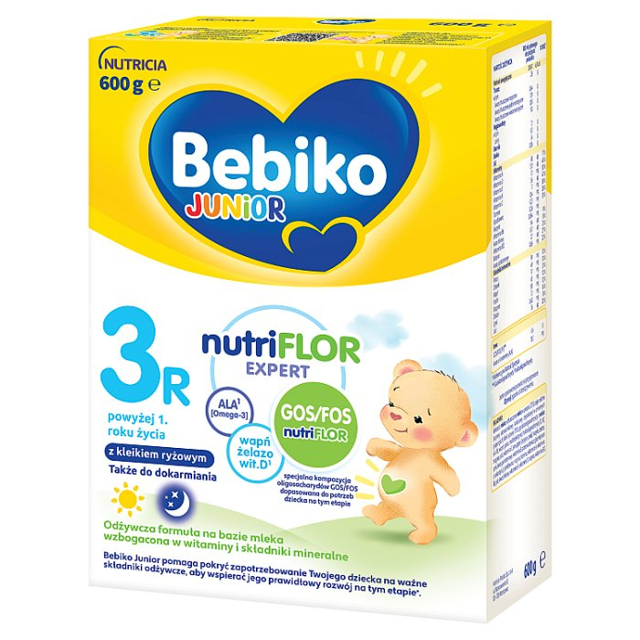 Bebiko Junior 3R NUTRIflor Expert Odżywcza formuła na bazie mleka z kleikiem ryżowym dla dzieci powyżej 1. roku życia 600 g