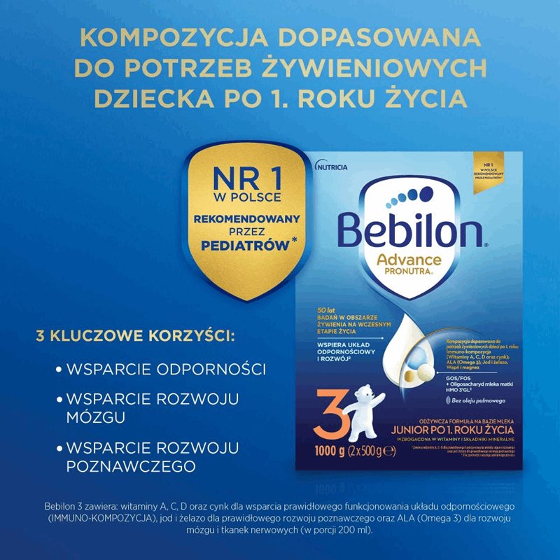 Bebilon 3 Advance Pronutra Junior Odżywcza formuła na bazie mleka po 1. roku życia 1000 g