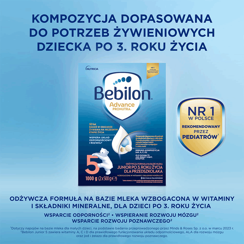 Bebilon 5 Advance Pronutra Junior odżywcza formuła na bazie mleka po 3. roku życia dla przedszkolaka, 1000 g