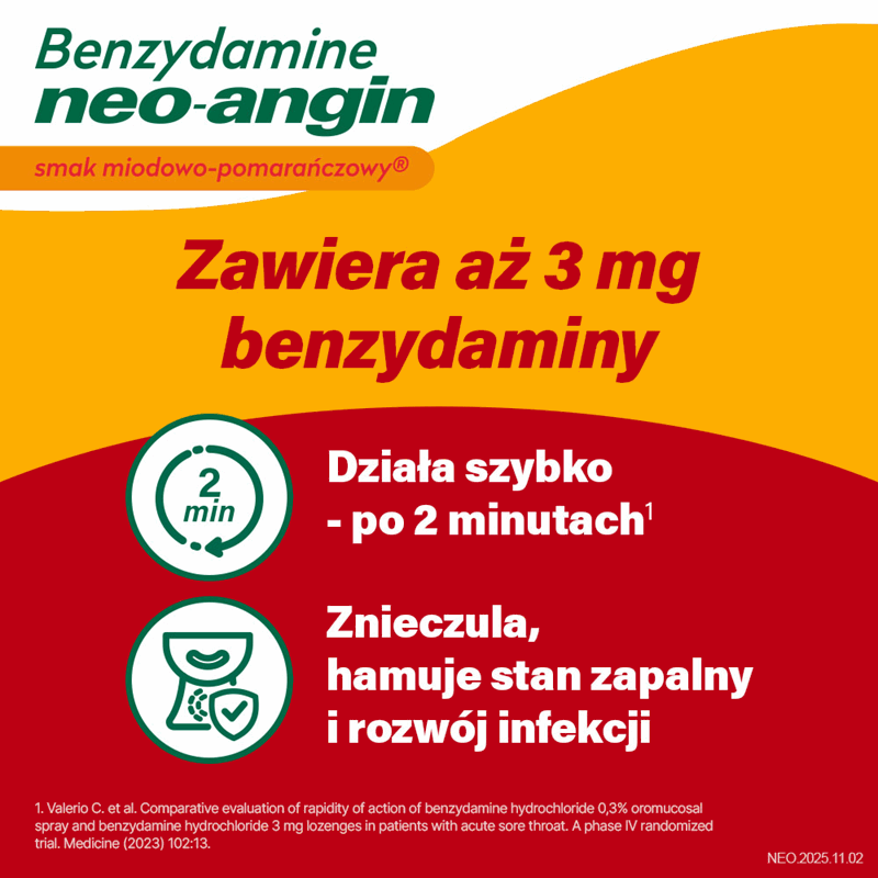 Benzydamine Neo-angin 3 mg pastylki do ssania o smaku miodowo-pomarańczowym, 20 szt.