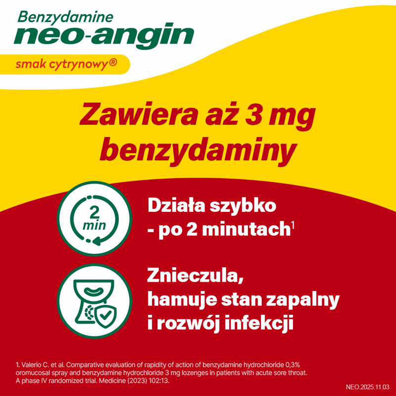 Benzydamine neo-angin tabletki do ssania na ból gardła o smaku cytrynowym, 20 szt.