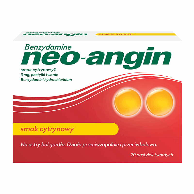 Benzydamine neo-angin tabletki do ssania na ból gardła o smaku cytrynowym, 20 szt.