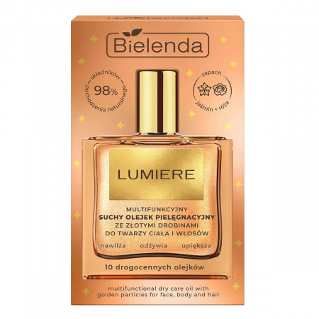 Bielenda Lumiere Multifunkcyjny suchy olejek pielęgnacyjny ze złotymi drobinami do twarzy, ciała i włosów, 50 ml