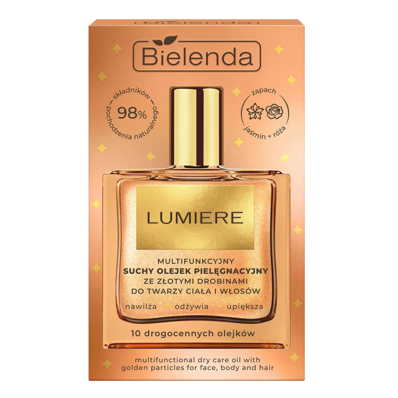 Bielenda Lumiere Multifunkcyjny suchy olejek pielęgnacyjny ze złotymi drobinami do twarzy, ciała i włosów, 50 ml