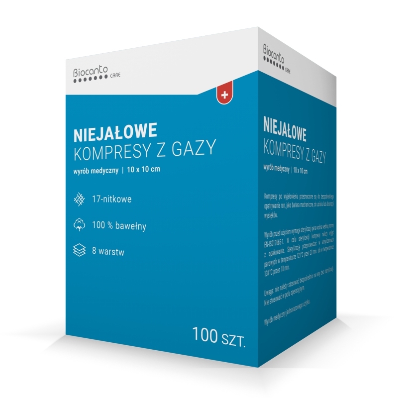 Biocanto kompresy z gazy 10 x 10 cm niejałowe 8 warstwowe 17 nitkowe, 100 szt.