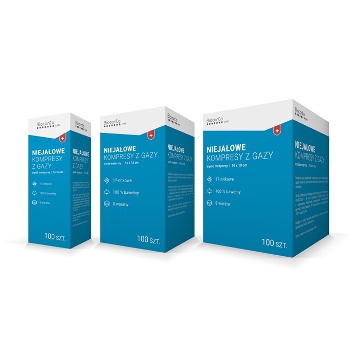 Biocanto kompresy z gazy 7,5 x 7,5 cm niejałowe 8 warstwowe 17 nitkowe, 100 szt.