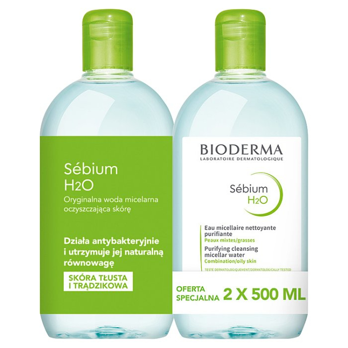 Bioderma Sebium H2O płyn micelarny do oczyszczania i demakijażu, 2 x 500 ml