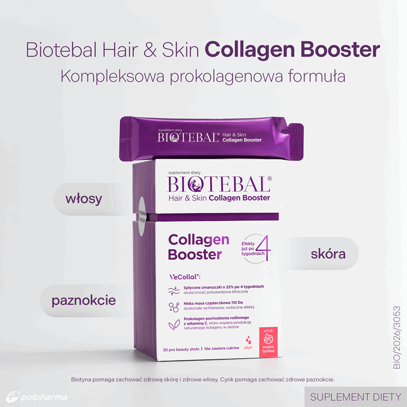 Biotebal Hair & Skin Collagen Booster saszetki z płynem o smaku liczi, 30 szt.