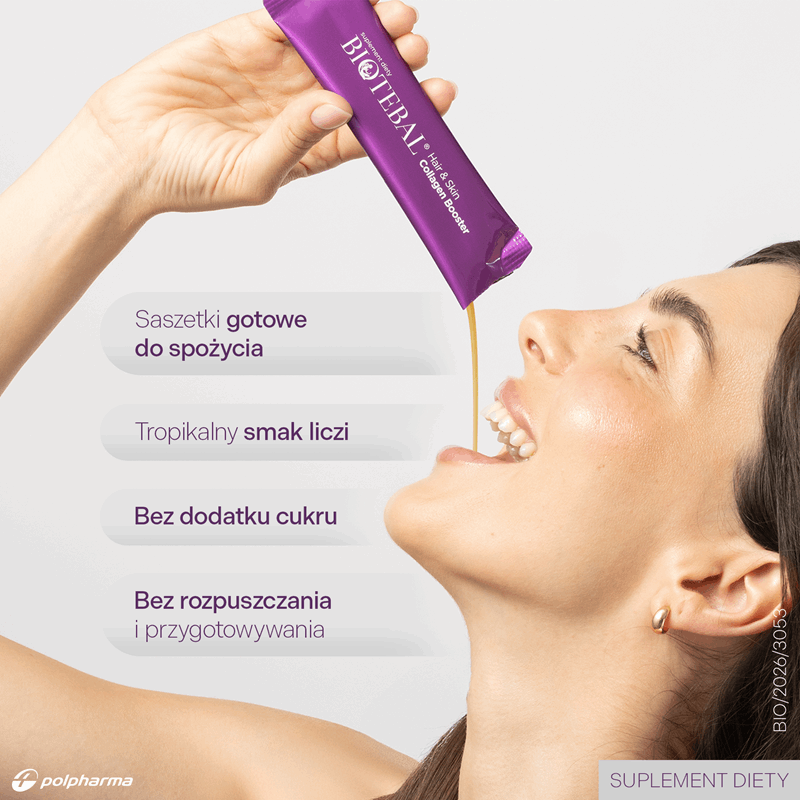 Biotebal Hair & Skin Collagen Booster saszetki z płynem o smaku liczi, 30 szt.