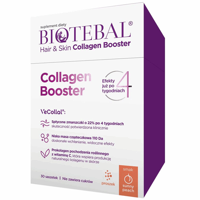 Biotebal Hair & Skin Collagen Booster saszetki z proszkiem o smaku brzoskwiniowym, 30 szt.