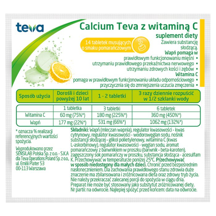 Calcium Teva z witaminą C tabletki musujące o smaku pomarańczowym, 14 szt.