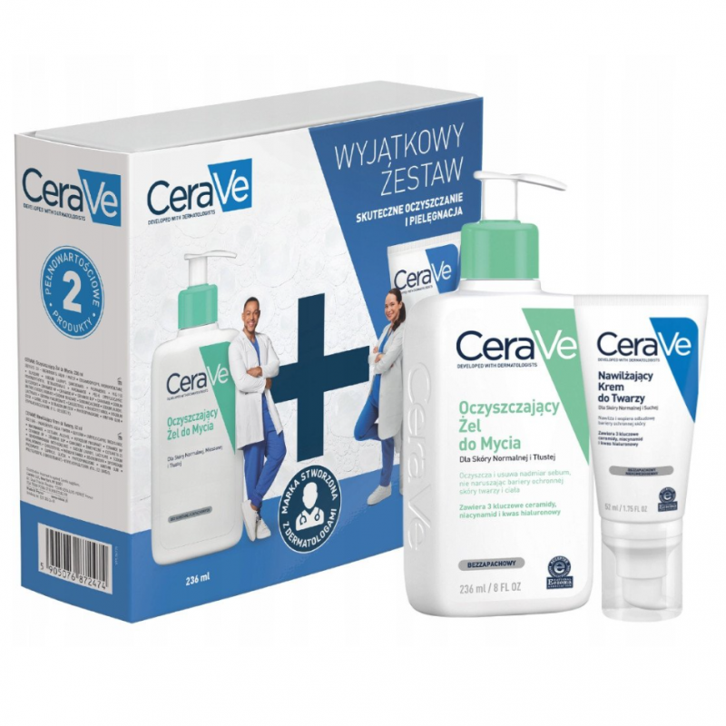 CeraVe Zestaw (Oczyszczający żel do mycia, 236 ml + Nawilżający krem do twarzy, 52 ml), 1 szt.