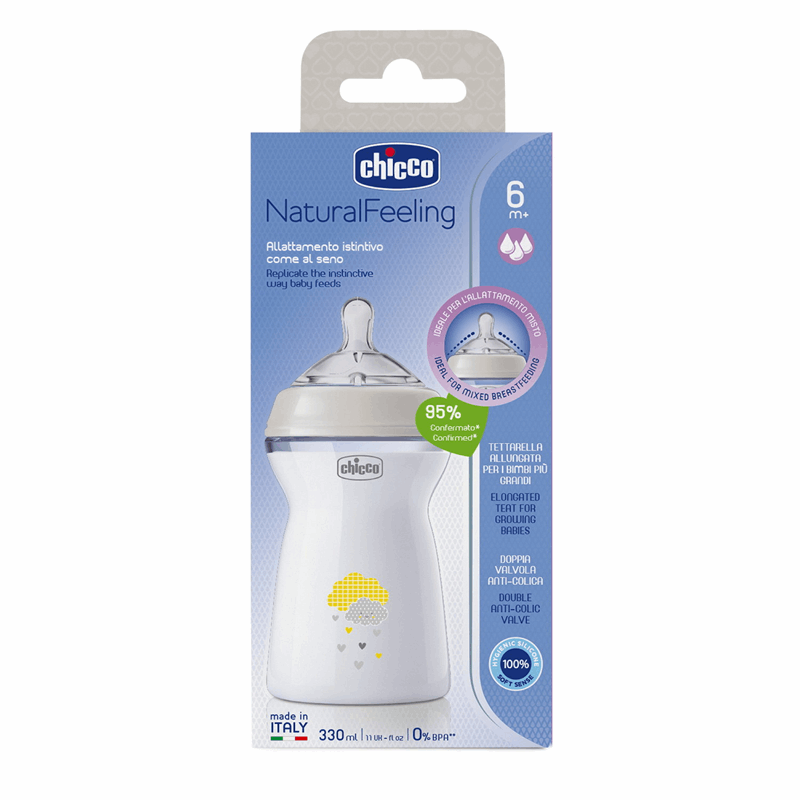 Chicco Butelka plastikowa NaturalFeeling przepływ szybki 6m+ 330 ml, 1 szt.