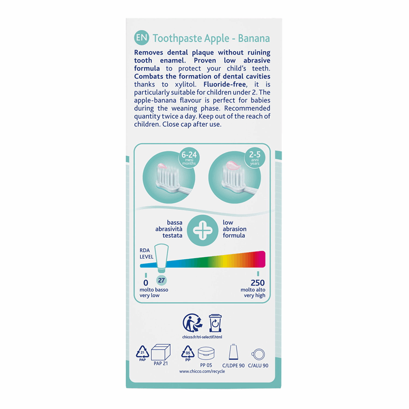 Chicco Pasta do zębów bez fluoru o smaku jabłkowo-bananowym (6-24 m), 50 ml