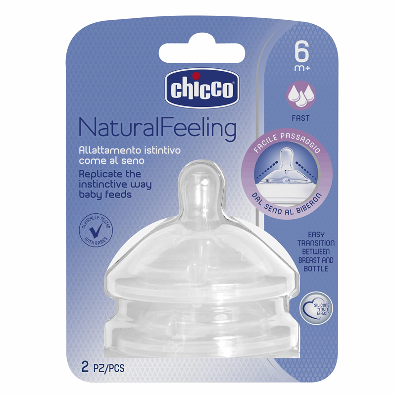 Chicco Smoczek silikonowy do butelki NaturalFeeling przepływ szybki 6m+, 2 szt.