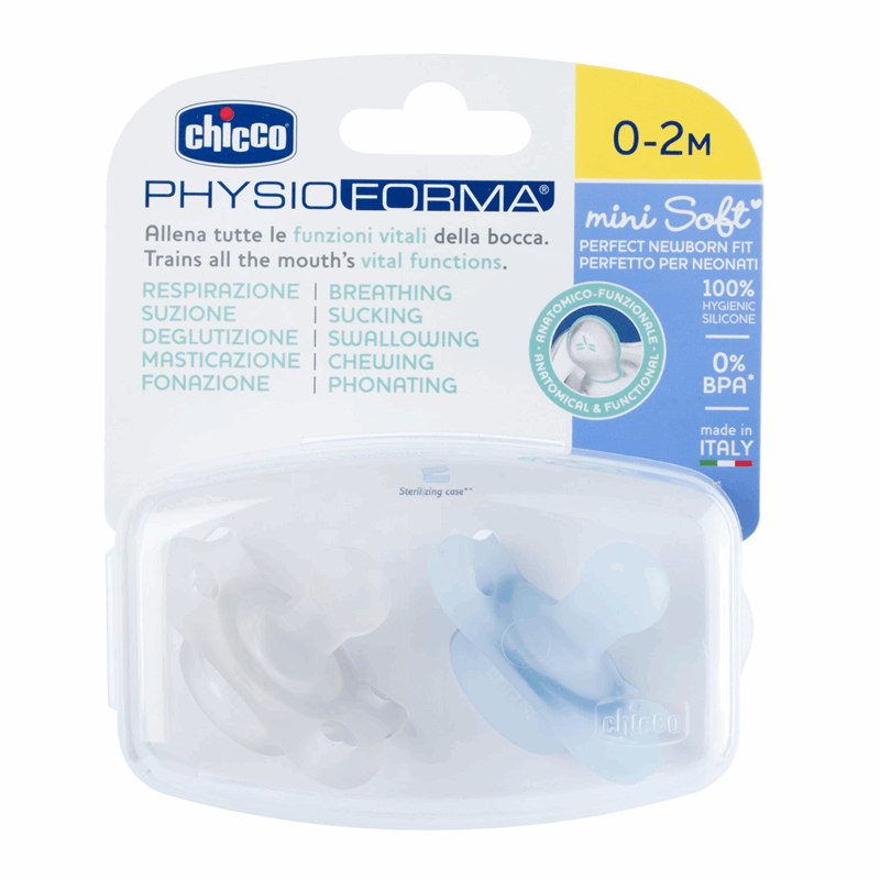 Chicco Smoczek uspokajający silikonowy PhysioForma Mini Soft niebieski 0-2 m, 2 szt.