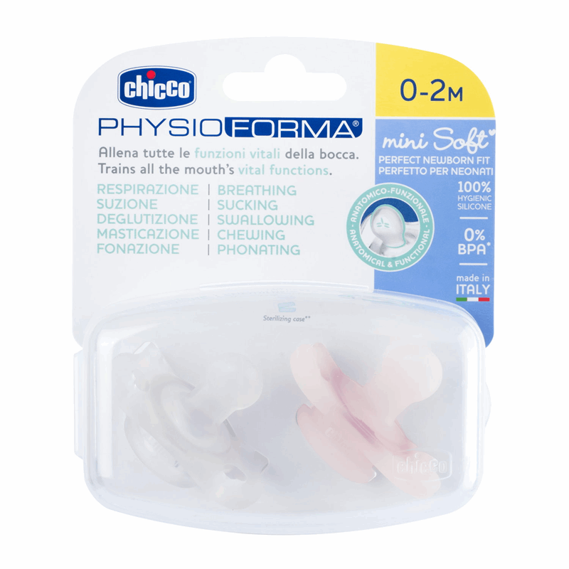 Chicco Smoczek uspokajający silikonowy PhysioForma Mini Soft różowy 0-2 m, 2 szt.