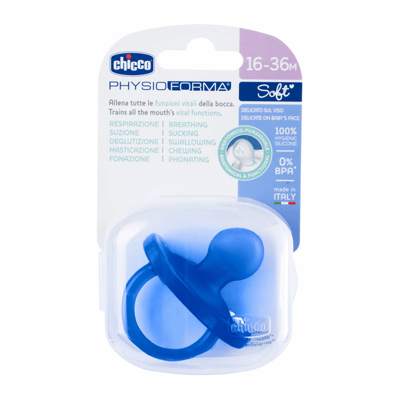 Chicco Smoczek uspokajający silikonowy PhysioForma Soft niebieski 16-36 m, 1 szt.
