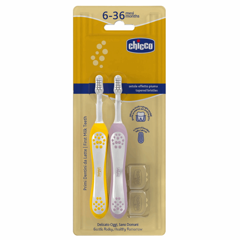 Chicco Szczoteczka do zębów dla dzieci 6-36 m kolor lila + musztardowy, 2 szt.