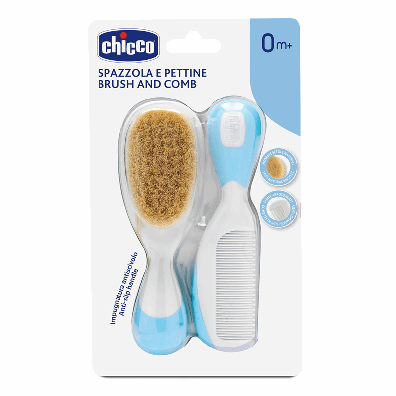 Chicco Szczotka z naturalnego włosia + grzebień kolor niebieski 0+, 1 szt.