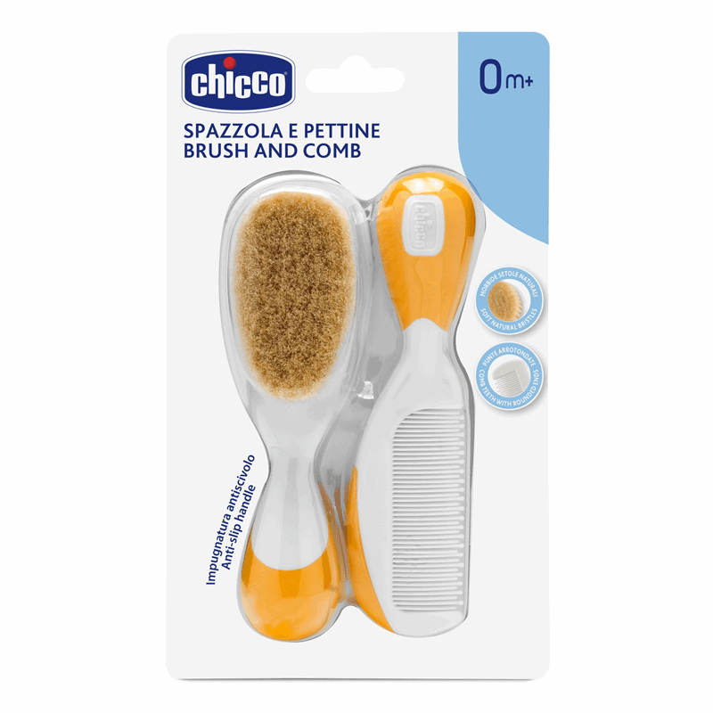 Chicco Szczotka z naturalnego włosia + grzebień kolor pomarańczowy 0+, 1 szt.