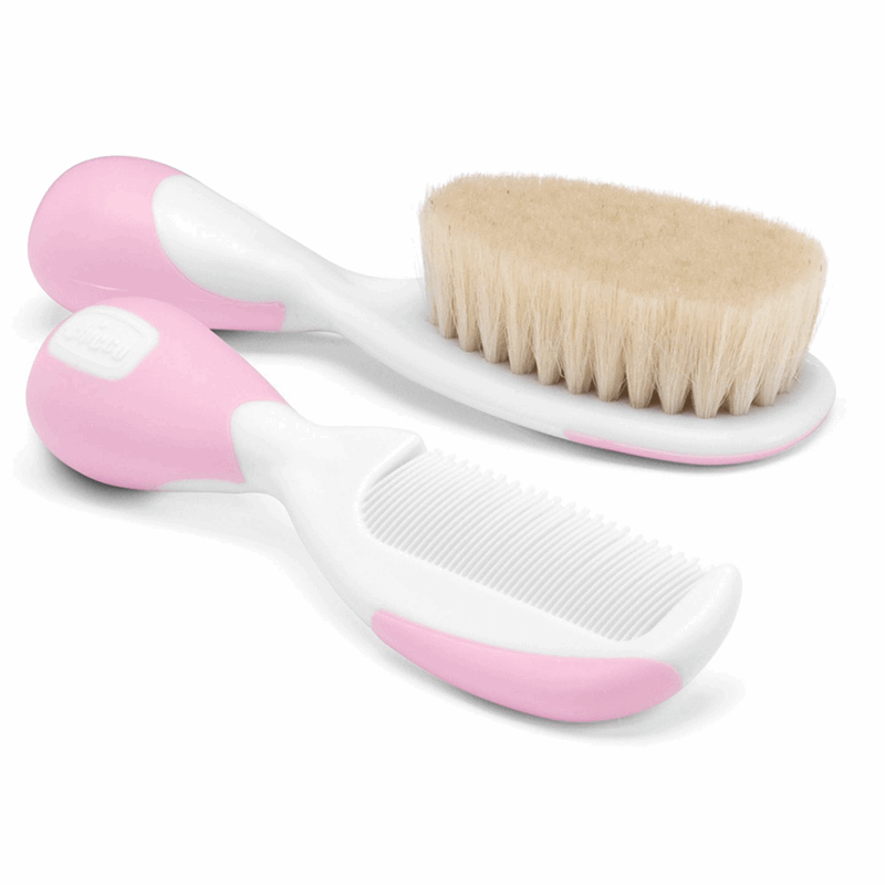 Chicco Szczotka z naturalnego włosia + grzebień kolor różowy 0+, 1 szt.