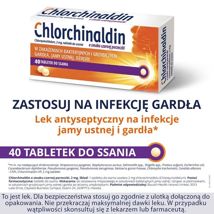 Chlorchinaldin o smaku czarnej porzeczki 40 tabletek do ssania