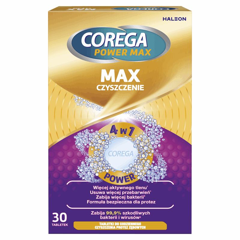Corega Power Max Tabletki do codziennego czyszczenia protez zębowych 4w1, 30 szt.