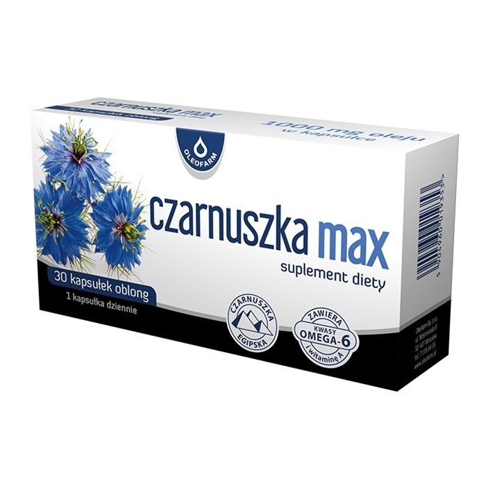 Czarnuszka Max olej z czarnuszki z witaminą A w kapsułkach Oleofarm, 30 szt.
