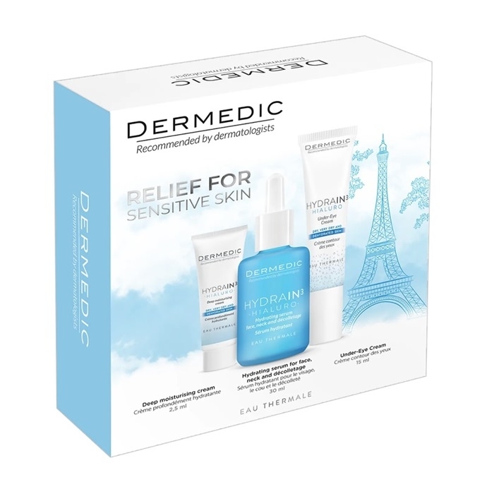 Dermedic Hydrain3 Hialuro Zestaw: serum nawadniające, 30 ml + krem pod oczy, 15ml + krem nawilżający, 2,5 ml