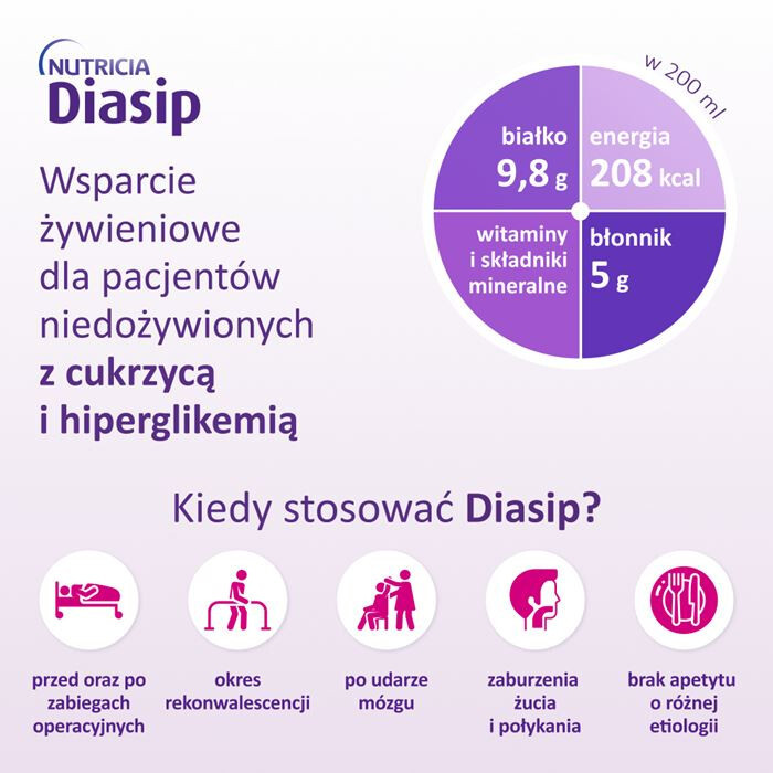 Diasip preparat odżywczy dla diabetyków o smaku truskawkowym, 4 x 200 ml