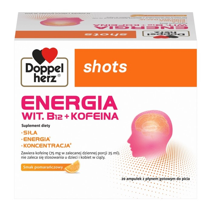 Doppelherz Shots Energia witamina B12 + kofeina w ampułkach, 20 x 25 ml
