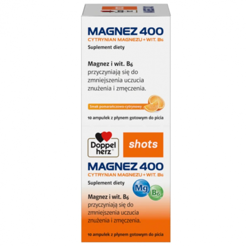 Doppelherz Shots Magnez 400 Cytrynian magnezu + wit. B6 ampułki, 10 szt. x 25 ml