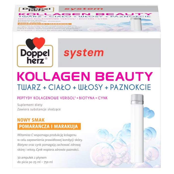 Doppelherz System Kollagen Beauty ampułki smak pomarańcza i marakuja, 30 x 25 ml