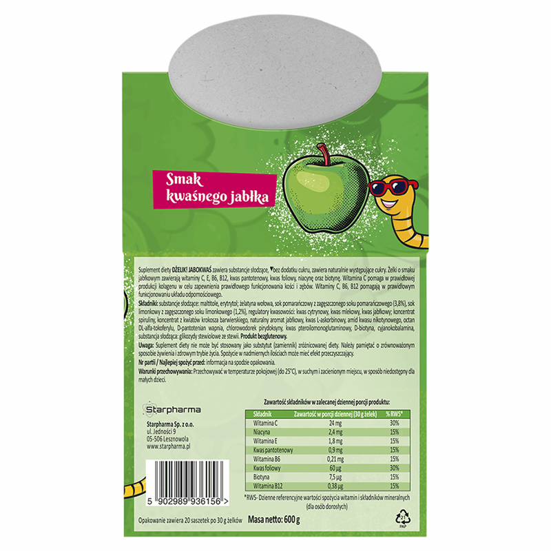 Dżelik! Jabokwaś Żelki bez cukru o smaku kwaśnego jabłka, 20 szt. x 30 g
