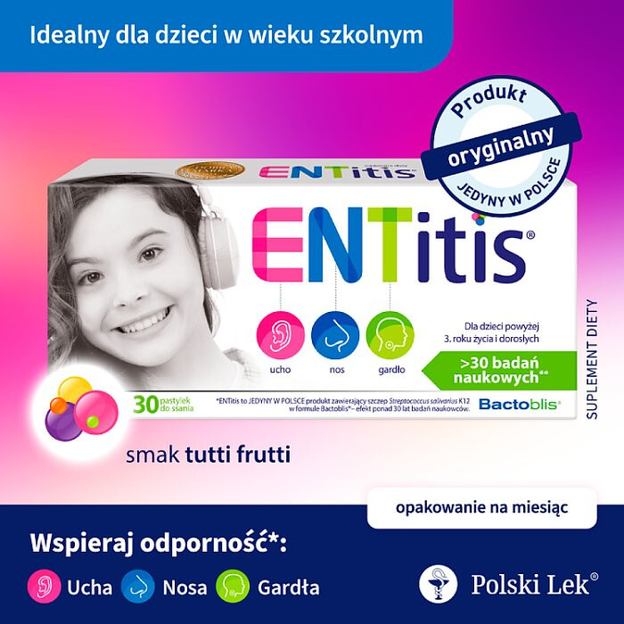 Entitis pastylki do ssania na gardło o smaku tutti-frutti, 30 szt.