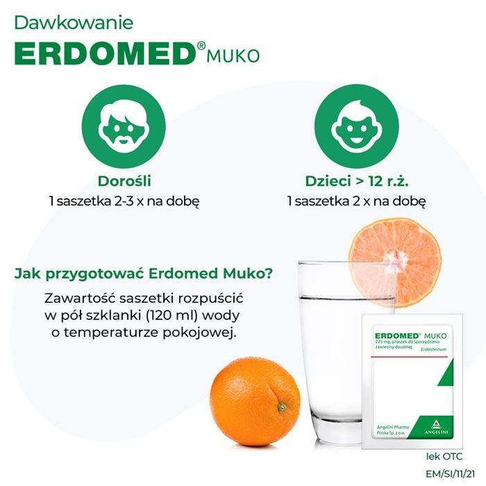 Erdomed Muko, 225 mg, lek na kaszel mokry i zatkane zatoki, proszek do sporządzania zawiesiny doustnej, 20 saszetek