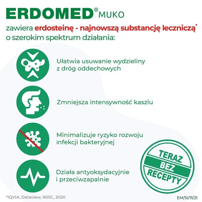 Erdomed Muko, 225 mg, lek na kaszel mokry i zatkane zatoki, proszek do sporządzania zawiesiny doustnej, 10 saszetek