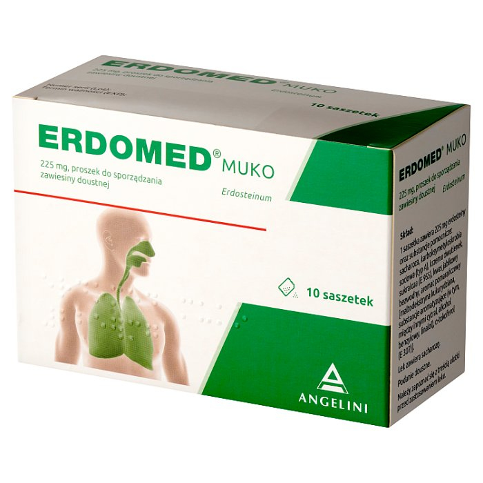Erdomed Muko, 225 mg, lek na kaszel mokry i zatkane zatoki, proszek do sporządzania zawiesiny doustnej, 10 saszetek