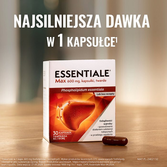 Essentiale Max 600 mg kapsułki twarde na dolegliwości wątrobowe, 30 szt.