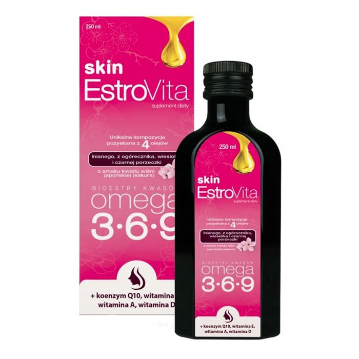 EstroVita Skin płyn z Omega 3-6-9 o smaku kwiat wiśni japońskiej, 250 ml