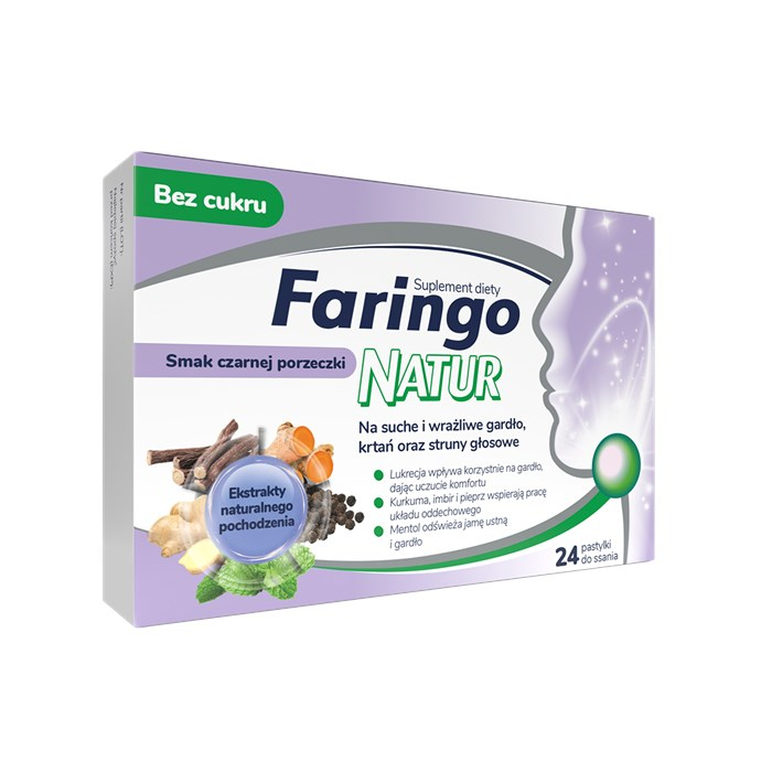 Faringo Natur pastylki do ssania na gardło smak czarna porzeczka, 24 szt.