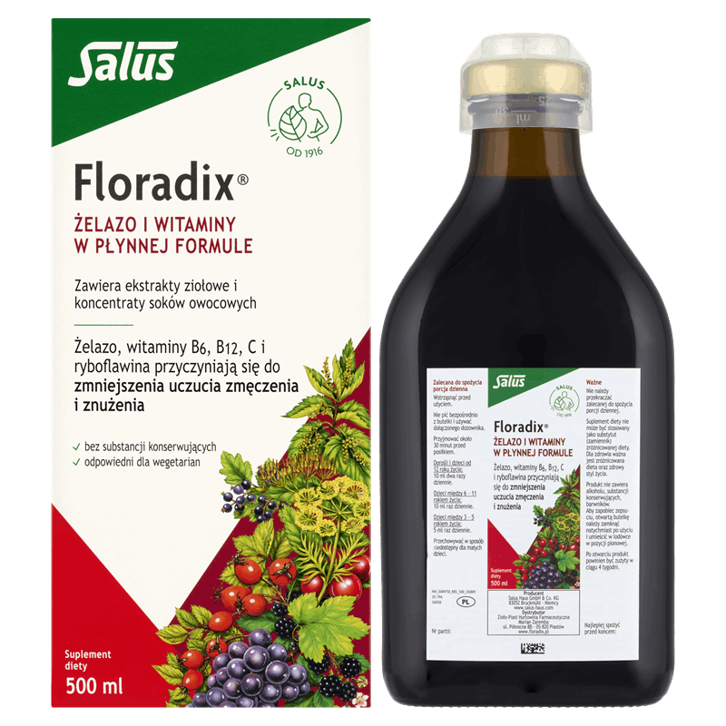 Floradix Żelazo i witaminy w płynie na objawy niedoborów, 500 ml