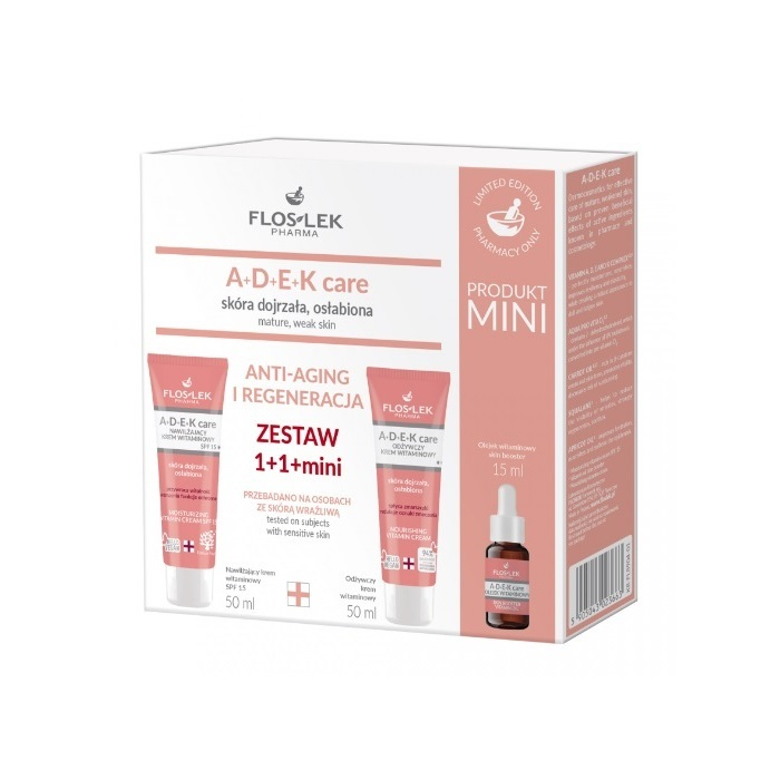 Flos-Lek A+D+E+K Care Anti-Aging Zestaw: nawilżający krem SPF 15, 50 ml + odżywczy krem, 50 ml + mini olejek, 15 ml